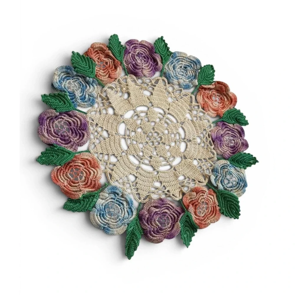 Handmade Crochet Rose Posy Doily 12 Inch Floral Centerpiece Decor